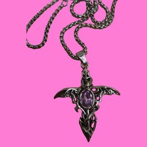 18 inch necklace skeleton w wings and purple stone